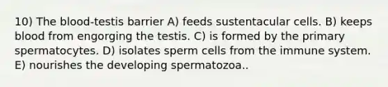 10) The blood-testis barrier A) feeds sustentacular cells. B) keeps blood from engorging the testis. C) is formed by the primary spermatocytes. D) isolates sperm cells from the immune system. E) nourishes the developing spermatozoa..