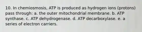 10. In chemiosmosis, ATP is produced as hydrogen ions (protons) pass through: a. the outer mitochondrial membrane. b. ATP synthase. c. ATP dehydrogenase. d. ATP decarboxylase. e. a series of electron carriers.