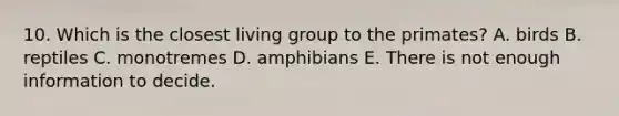 10. Which is the closest living group to the primates? A. birds B. reptiles C. monotremes D. amphibians E. There is not enough information to decide.