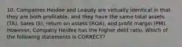 10. Companies Heidee and Leaudy are virtually identical in that they are both profitable, and they have the same total assets (TA), Sales (S), return on assets (ROA), and profit margin (PM). However, Company Heidee has the higher debt ratio. Which of the following statements is CORRECT?