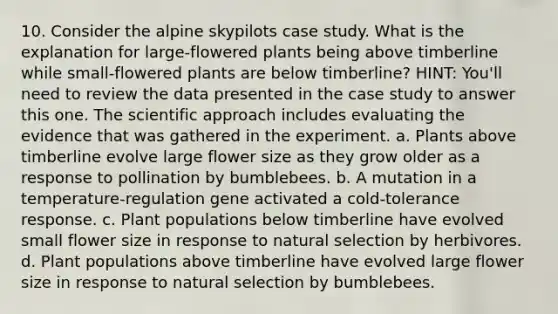 10. Consider the alpine skypilots case study. What is the explanation for large-flowered plants being above timberline while small-flowered plants are below timberline? HINT: You'll need to review the data presented in the case study to answer this one. The scientific approach includes evaluating the evidence that was gathered in the experiment. a. Plants above timberline evolve large flower size as they grow older as a response to pollination by bumblebees. b. A mutation in a temperature-regulation gene activated a cold-tolerance response. c. Plant populations below timberline have evolved small flower size in response to <a href='https://www.questionai.com/knowledge/kAcbTwWr3l-natural-selection' class='anchor-knowledge'>natural selection</a> by herbivores. d. Plant populations above timberline have evolved large flower size in response to natural selection by bumblebees.