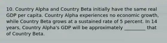 10. Country Alpha and Country Beta initially have the same real GDP per capita. Country Alpha experiences no economic growth, while Country Beta grows at a sustained rate of 5 percent. In 14 years, Country Alpha's GDP will be approximately _________ that of Country Beta.