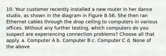 10. Your customer recently installed a new router in her dance studio, as shown in the diagram in Figure 8-56. She then ran Ethernet cables through the drop ceiling to computers in various offices. Without any further testing, which computers do you suspect are experiencing connection problems? Choose all that apply. a. Computer A b. Computer B c. Computer C d. None of the above