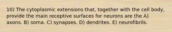 10) The cytoplasmic extensions that, together with the cell body, provide the main receptive surfaces for neurons are the A) axons. B) soma. C) synapses. D) dendrites. E) neurofibrils.