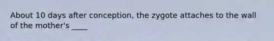 About 10 days after conception, the zygote attaches to the wall of the mother's ____