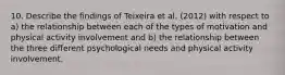 10. Describe the findings of Teixeira et al. (2012) with respect to a) the relationship between each of the types of motivation and physical activity involvement and b) the relationship between the three different psychological needs and physical activity involvement.