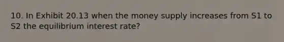 10. In Exhibit 20.13 when the <a href='https://www.questionai.com/knowledge/kiY8nlPo85-money-supply' class='anchor-knowledge'>money supply</a> increases from S1 to S2 the equilibrium interest rate?