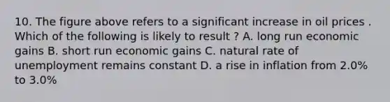 10. The figure above refers to a significant increase in oil prices . Which of the following is likely to result ? A. long run economic gains B. short run economic gains C. natural rate of unemployment remains constant D. a rise in inflation from 2.0% to 3.0%