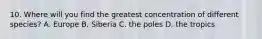10. Where will you find the greatest concentration of different species? A. Europe B. Siberia C. the poles D. the tropics