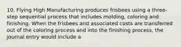 10. Flying High Manufacturing produces frisbees using a three-step sequential process that includes molding, coloring and finishing. When the frisbees and associated costs are transferred out of the coloring process and into the finishing process, the journal entry would include a