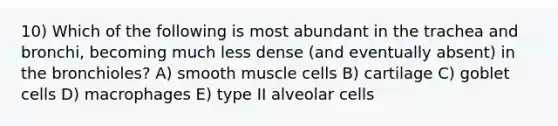 10) Which of the following is most abundant in the trachea and bronchi, becoming much less dense (and eventually absent) in the bronchioles? A) smooth muscle cells B) cartilage C) goblet cells D) macrophages E) type II alveolar cells