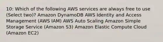 10: Which of the following AWS services are always free to use (Select two)? Amazon DynamoDB AWS Identity and Access Management (AWS IAM) AWS Auto Scaling Amazon Simple Storage Service (Amazon S3) Amazon Elastic Compute Cloud (Amazon EC2)