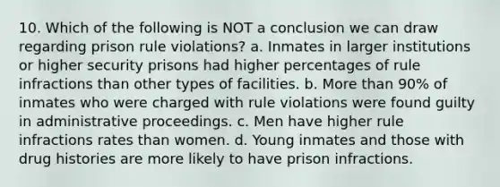 10. Which of the following is NOT a conclusion we can draw regarding prison rule violations? a. Inmates in larger institutions or higher security prisons had higher percentages of rule infractions than other types of facilities. b. More than 90% of inmates who were charged with rule violations were found guilty in administrative proceedings. c. Men have higher rule infractions rates than women. d. Young inmates and those with drug histories are more likely to have prison infractions.