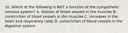 10. Which of the following is NOT a function of the sympathetic nervous system? A. dilation of blood vessels in the muscles B. constriction of blood vessels in the muscles C. increases in the heart and respiratory rates D. constriction of blood vessels in the digestive system