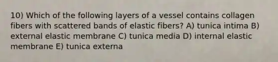 10) Which of the following layers of a vessel contains collagen fibers with scattered bands of elastic fibers? A) tunica intima B) external elastic membrane C) tunica media D) internal elastic membrane E) tunica externa