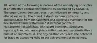 10. Which of the following is not one of the underlying principles of an effective control environment as developed by COSO? a. The organization demonstrates a commitment to integrity and ethical values. b. The board of directors demonstrates independence from management and exercises oversight for the development and performance of internal control. c. Management establishes, with board oversight, structures, reporting lines, and appropriate authorities and responsibilities in pursuit of objectives. d. The organization considers the potential for fraud in assessing risks to the achievement of objectives.