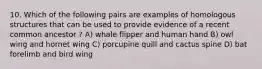 10. Which of the following pairs are examples of homologous structures that can be used to provide evidence of a recent common ancestor ? A) whale flipper and human hand B) owl wing and hornet wing C) porcupine quill and cactus spine D) bat forelimb and bird wing