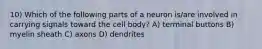 10) Which of the following parts of a neuron is/are involved in carrying signals toward the cell body? A) terminal buttons B) myelin sheath C) axons D) dendrites