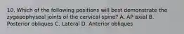 10. Which of the following positions will best demonstrate the zygapophyseal joints of the cervical spine? A. AP axial B. Posterior obliques C. Lateral D. Anterior obliques