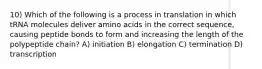 10) Which of the following is a process in translation in which tRNA molecules deliver amino acids in the correct sequence, causing peptide bonds to form and increasing the length of the polypeptide chain? A) initiation B) elongation C) termination D) transcription