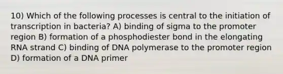 10) Which of the following processes is central to the initiation of transcription in bacteria? A) binding of sigma to the promoter region B) formation of a phosphodiester bond in the elongating RNA strand C) binding of DNA polymerase to the promoter region D) formation of a DNA primer