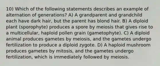 10) Which of the following statements describes an example of alternation of generations? A) A grandparent and grandchild each have dark hair, but the parent has blond hair. B) A diploid plant (sporophyte) produces a spore by meiosis that gives rise to a multicellular, haploid pollen grain (gametophyte). C) A diploid animal produces gametes by meiosis, and the gametes undergo fertilization to produce a diploid zygote. D) A haploid mushroom produces gametes by mitosis, and the gametes undergo fertilization, which is immediately followed by meiosis.