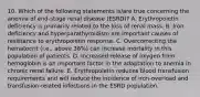 10. Which of the following statements is/are true concerning the anemia of end-stage renal disease (ESRD)? A. Erythropoietin deficiency is primarily related to the loss of renal mass. B. Iron deficiency and hyperparathyroidism are important causes of resistance to erythropoietin response. C. Overcorrecting the hematocrit (i.e., above 36%) can increase mortality in this population of patients. D. Increased release of oxygen from hemoglobin is an important factor in the adaptation to anemia in chronic renal failure. E. Erythropoietin reduces blood transfusion requirements and will reduce the incidence of iron-overload and transfusion-related infections in the ESRD population.