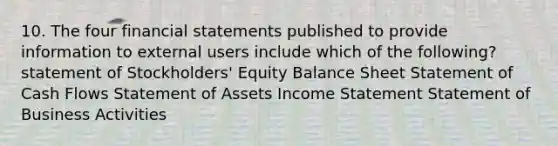 10. The four financial statements published to provide information to external users include which of the following? statement of Stockholders' Equity Balance Sheet Statement of Cash Flows Statement of Assets Income Statement Statement of Business Activities