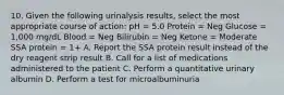 10. Given the following urinalysis results, select the most appropriate course of action: pH = 5.0 Protein = Neg Glucose = 1,000 mg/dL Blood = Neg Bilirubin = Neg Ketone = Moderate SSA protein = 1+ A. Report the SSA protein result instead of the dry reagent strip result B. Call for a list of medications administered to the patient C. Perform a quantitative urinary albumin D. Perform a test for microalbuminuria