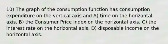 10) The graph of the consumption function has consumption expenditure on the vertical axis and A) time on the horizontal axis. B) the Consumer Price Index on the horizontal axis. C) the interest rate on the horizontal axis. D) disposable income on the horizontal axis.