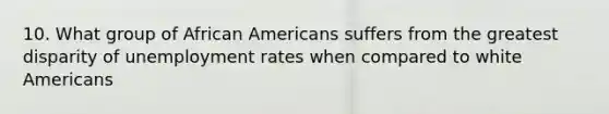 10. What group of African Americans suffers from the greatest disparity of unemployment rates when compared to white Americans