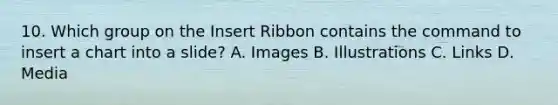 10. Which group on the Insert Ribbon contains the command to insert a chart into a slide? A. Images B. Illustrations C. Links D. Media