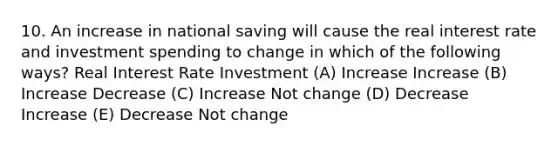 10. An increase in national saving will cause the real interest rate and investment spending to change in which of the following ways? Real Interest Rate Investment (A) Increase Increase (B) Increase Decrease (C) Increase Not change (D) Decrease Increase (E) Decrease Not change