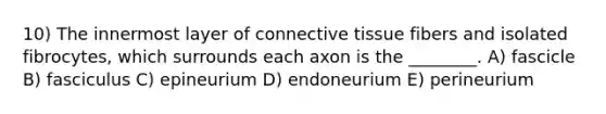 10) The innermost layer of connective tissue fibers and isolated fibrocytes, which surrounds each axon is the ________. A) fascicle B) fasciculus C) epineurium D) endoneurium E) perineurium