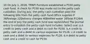 10 On July 1, 2016, TRNFI Furniture established a P150 petty cash fund. A check for P150 was made out to the petty cash custodian. During July, the petty cash custodian paid the following bills from the petty cash fund:Office supplies P 36Postage 22Delivery charges 40Bottled water 28Total P126At the end of July the petty cash fund was replenished.The journal entry to establish the petty cash fund includes: Select one: a.A credit to petty cash and a debit to cash for P150. b.A credit to petty cash and a debit to various expenses for P126. c.A credit to cash and a debit to various expenses for P126. d.A debit to petty cash and a credit to cash for P150.