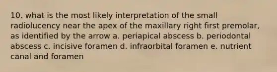 10. what is the most likely interpretation of the small radiolucency near the apex of the maxillary right first premolar, as identified by the arrow a. periapical abscess b. periodontal abscess c. incisive foramen d. infraorbital foramen e. nutrient canal and foramen