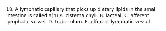 10. A lymphatic capillary that picks up dietary lipids in the small intestine is called a(n) A. cisterna chyli. B. lacteal. C. afferent lymphatic vessel. D. trabeculum. E. efferent lymphatic vessel.