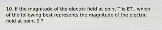 10. If the magnitude of the electric field at point T is ET , which of the following best represents the magnitude of the electric field at point S ?