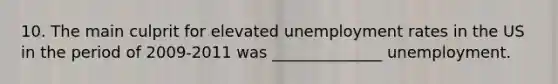 10. The main culprit for elevated unemployment rates in the US in the period of 2009-2011 was ______________ unemployment.