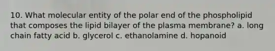 10. What molecular entity of the polar end of the phospholipid that composes the lipid bilayer of the plasma membrane? a. long chain fatty acid b. glycerol c. ethanolamine d. hopanoid