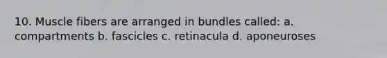 10. Muscle fibers are arranged in bundles called: a. compartments b. fascicles c. retinacula d. aponeuroses
