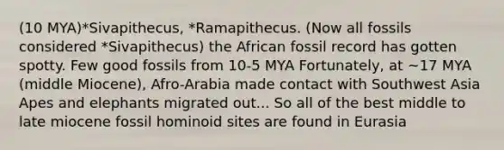 (10 MYA)*Sivapithecus, *Ramapithecus. (Now all fossils considered *Sivapithecus) the African fossil record has gotten spotty. Few good fossils from 10-5 MYA Fortunately, at ~17 MYA (middle Miocene), Afro-Arabia made contact with Southwest Asia Apes and elephants migrated out... So all of the best middle to late miocene fossil hominoid sites are found in Eurasia