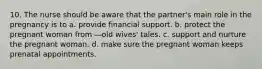 10. The nurse should be aware that the partner's main role in the pregnancy is to a. provide financial support. b. protect the pregnant woman from ―old wives' tales. c. support and nurture the pregnant woman. d. make sure the pregnant woman keeps prenatal appointments.