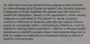 10. After the nurse has explained the purpose of and schedule for chemotherapy to a 23-year-old patient who recently received a diagnosis of acute leukemia, the patient asks the nurse to repeat the information. Based on this assessment, which nursing diagnosis is most likely for the patient? A. Acute confusion related to infiltration of leukemia cells into the central nervous system B. Knowledge deficit: chemotherapy related to a lack of interest in learning about treatment C. Risk for ineffective health maintenance related to anxiety about new leukemia diagnosis D. Risk for ineffective adherence to treatment related to denial of need for chemotherapy