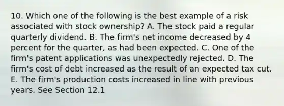 10. Which one of the following is the best example of a risk associated with stock ownership? A. The stock paid a regular quarterly dividend. B. The firm's net income decreased by 4 percent for the quarter, as had been expected. C. One of the firm's patent applications was unexpectedly rejected. D. The firm's cost of debt increased as the result of an expected tax cut. E. The firm's production costs increased in line with previous years. See Section 12.1