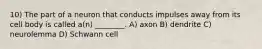 10) The part of a neuron that conducts impulses away from its cell body is called a(n) ________. A) axon B) dendrite C) neurolemma D) Schwann cell