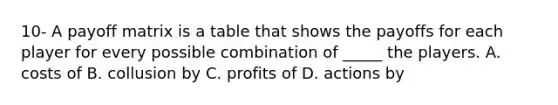 10- A payoff matrix is a table that shows the payoffs for each player for every possible combination of​ _____ the players. A. costs of B. collusion by C. profits of D. actions by