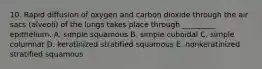 10. Rapid diffusion of oxygen and carbon dioxide through the air sacs (alveoli) of the lungs takes place through _________ epithelium. A. simple squamous B. simple cuboidal C. simple columnar D. keratinized stratified squamous E. nonkeratinized stratified squamous