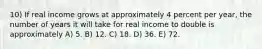 10) If real income grows at approximately 4 percent per year, the number of years it will take for real income to double is approximately A) 5. B) 12. C) 18. D) 36. E) 72.