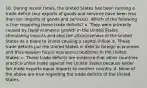 10. During recent times, the United States has been running a trade deficit (our exports of goods and services have been less than our imports of goods and services). Which of the following is true regarding these trade deficits? a. They were primarily caused by rapid economic growth in the United States stimulating imports and also the attractiveness of the United States as a place to invest causing a capital inflow. b. These trade deficits put the United States in debt to foreign economies and thus weaken future economic conditions in the United States. c. These trade deficits are evidence that other countries practice unfair trade against the United States because under fair trade exports equal imports to another country. d. None of the above are true regarding the trade deficits of the United States.